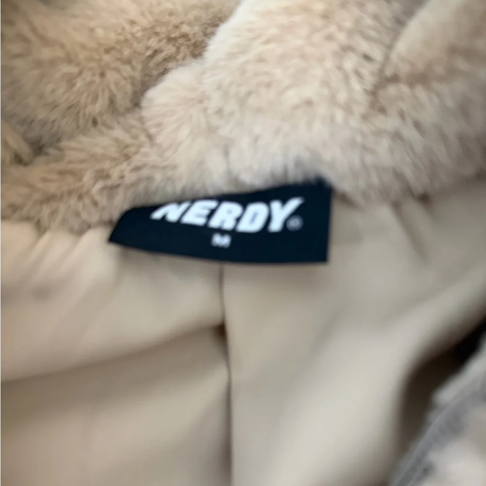 Nerdy Eco Faux Fur Soft Beige Logo Front Hooded Zip Up Jacket - Picture 6 of 7